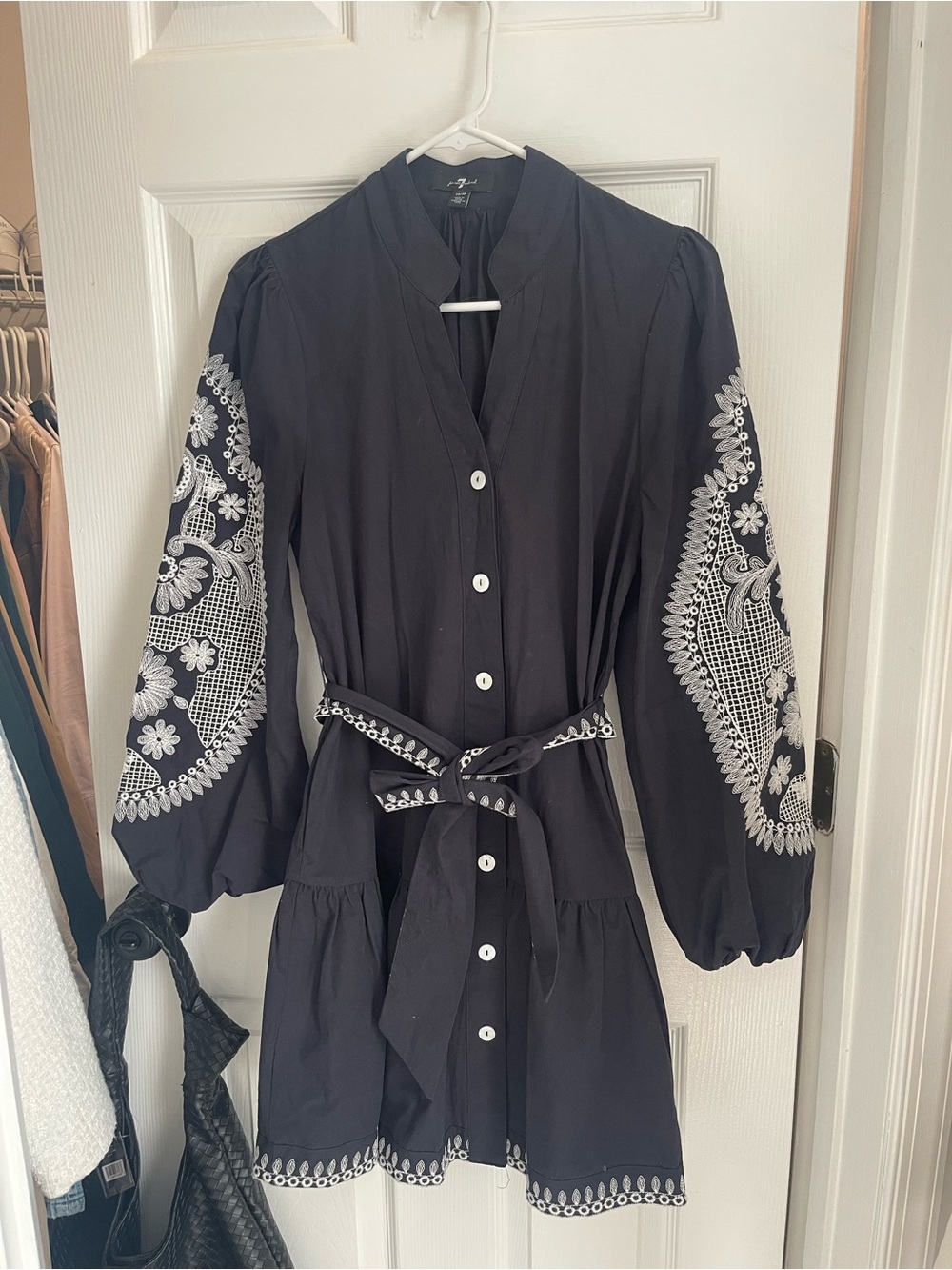 7 For All Mankind navy  Mini Dress with White Embroidered Sleeves